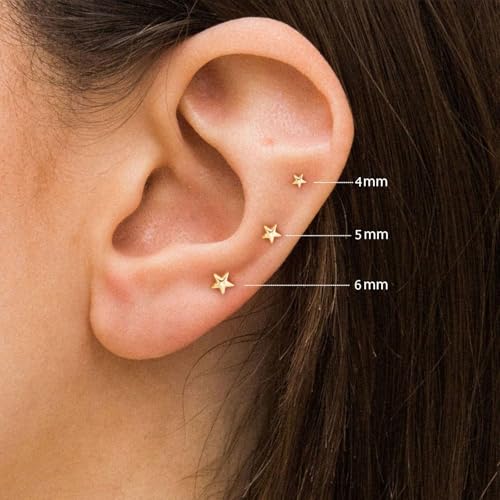 VRIUA 20G Tiny Flat Back Earrings for Women - 14K Gold/Silver Plated Small Flat Back Stud Earrings Hypoallergenic Cartilage Helix Piercing Jewelry - color: 4/5/6mm-Star Flat Gold