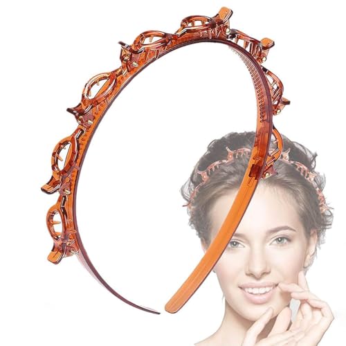 Double Layer Twist Plait Black Headband Hair Tools, Double Bangs Hairstyle Hairpin, Multi-Layer Hollow Woven Headbands, Hairband with Alligator Clip (Brown) - color: Brown