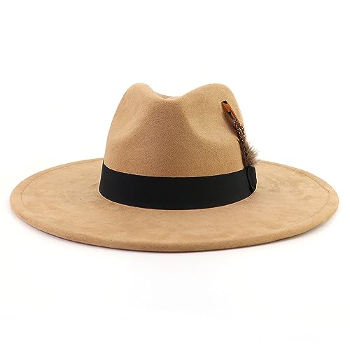 LIDHAY Big Wide Brim Fedora Hats for Women Men Western Suede Hat Panama Hat Outdoor Hats - color: Camel