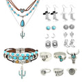 Western Jewelry Set for Women Bohemian Turquoise Layered Pendant Necklace Vintage Western Boho Turquoise Earring Leather Bracelet Ring Set Country Cowgirl Accessories Jewelry - style: 16 PCS Western Jewelry
