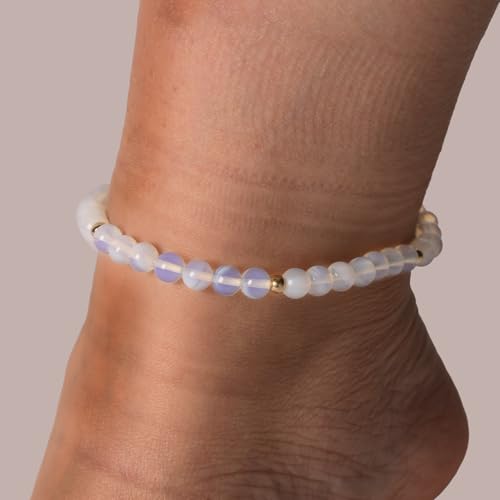 Softones 6mm Natural Stone Anklet for Women Gemstone Ankle Bracelets for Women Healing Energy Crystal Anklets Adjustable(8.5-10 Inches) - color: Opalite