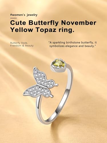 Bestyle 925 Sterling Silver Butterfly Ring Hypoallergnic Adjustable Birthstone Rings for Women Butterfly Jewelry Gifts for Anniversary Mothers' Day Birthday - color: 11.November (Citrine)