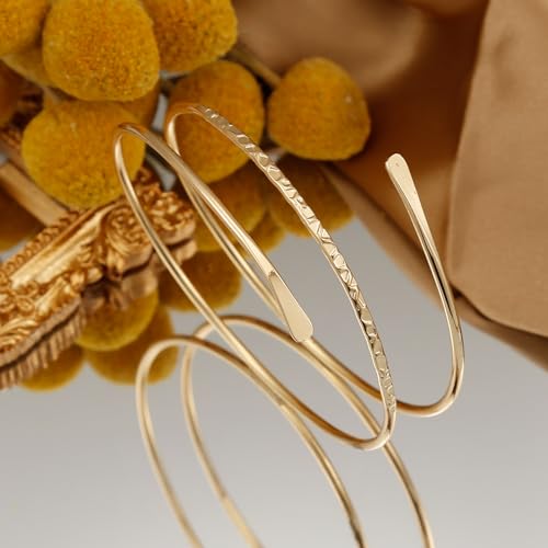 BOMAIL 2Pcs Gold Arm Cuff Bracelets Set for Women | Open Adjustable, large Upper Arm Bangles, Coil Swirl Armlet,Ren Faire Armband,Minimalist ,Goddess - style: E Style