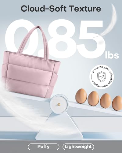 HOTOR Puffer Tote Bag for Women, Nurses - Multi-Pocket Lightweight Bag for Work - Quilted Handbag for Travel and Gym - color: Pink, size: 18.1" × 6.3" × 11.8"