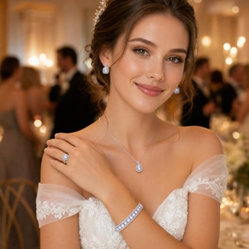 Paxuan 4pcs Cubic Zirconia Wedding Jewelry Sets for Bride Bridesmaid Cubic Zirconia Pendant Necklace Earrings Link Tennis Bracelet Open Ring Set for Women - color: Platinum Plated White Cubic Zirconia