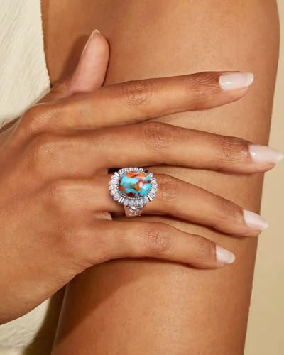 AIBAO 4-12 Ct Large Oval Engagement Rings for Women Natural Turquoise/Lapis Lazuli/Malachite Celtic/Infinity/Love Knot Halo Ring Size 6 to 10 Anniversary Christmas Valentines Gift - style: 7.7 Ct Orange Oyster Turquoise & Created White Sapphire