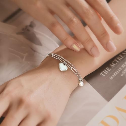 Emibele Heart Charm Bracelet for Women, Bible Verse Bracelet Stainless Steel 18K Gold Plated Bracelet Love Pendant Link Chain OT Clasp, Birthday Christmas Jewelry Gift for Mother Her - color: Silver 2