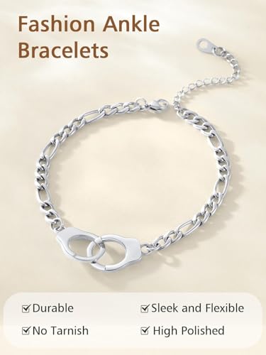 FindChic Stainless Steel Ankle Bracelets for Women, Waterproof Figaro/Cuban/Box/Beaded Chain Anklets, Summer Beach Foot Jewelry, 8.5''-10.5'' Adjustable Length, with Gift Box - style: HankCuff-Silver