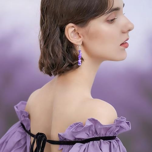 Handmade Bohemian Vintage Silver Nature Stone Beads Long Dangle Drop Earrings for Women - color: Light Purple