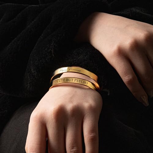 MignonandMignon Personalized Cuff Bracelet Custom Engraved Name, Inspirational Message, Coordinate Bangle for Graduation, Friendship, or Bridesmaid Gift