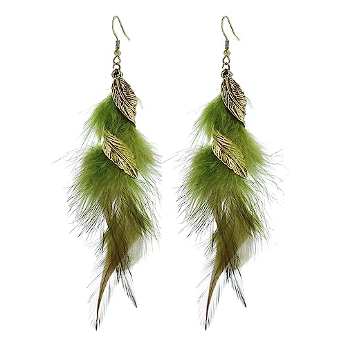 Bohemian Handmade Natural Long Feather Dangle Earrings for Women Multicolor Tassel Feathers Dangle Drop Earrings Vintage Bohemian Earrings Boho Feather Earrings - color: Green