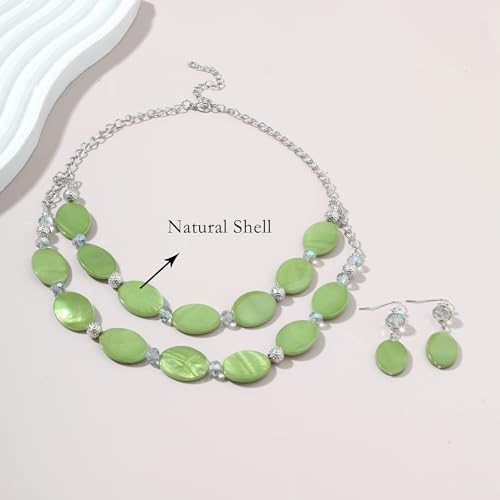 2 Layered Chunky Beaded Shell Necklace for Women Sea Shell blue/yellow/red/green/turquoise/teal/white Statement Necklace and Earring Set Elegant Women Necklace Set Jewelry Sets for Women - color: Green
