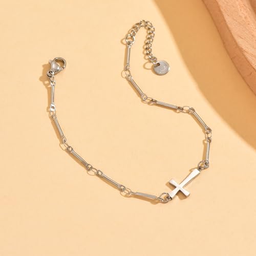 Cross Anklets for Women, 18K Gold Plated Dainty Ankle Bracelets with Colorful Beads Pearl Anklet, Adjustable Religious Christian Satellite Cross Chain, Waterproof Boho Summer Beach Jewelry - style: Bamboo-joint Cross-White Gold