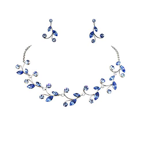 Faship Gorgeous Rhinestone Crystal Floral Necklace Earrings Set - color: Blue