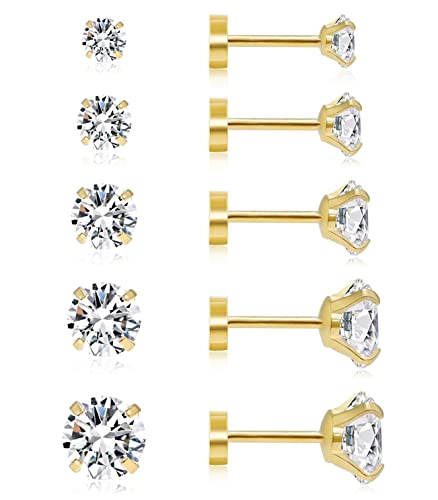 Dainty 6 Pairs Surgical Steel Earrings Sets for Multiple Piercing, Lightweight 14K Gold Plated Small Huggie Hoop Earrings, Flat Back Tiny Ball CZ Stud Earrings for Cartilage, Helix, Lobe, Hypoallergenic - style: 14K Gold Plated- 5 Pairs CZ Studs