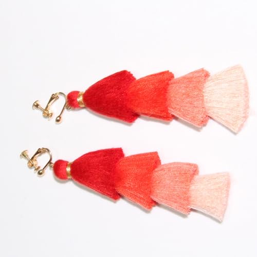 Clip on Earrings, Lightweight Colorful Layered Tassel Bohemian Statement Tiered Big Dangle Drop Earrings for Women, Non Pierced, Boho Jewelry - color: Dark Red