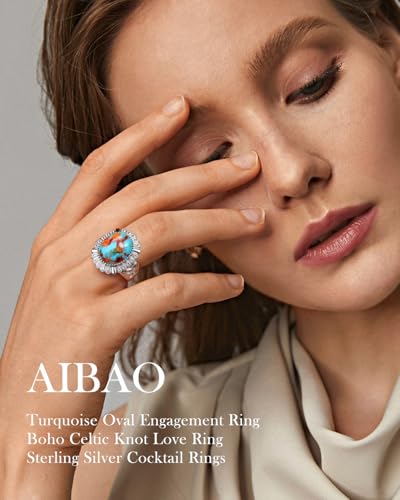 AIBAO 4-12 Ct Large Oval Engagement Rings for Women Natural Turquoise/Lapis Lazuli/Malachite Celtic/Infinity/Love Knot Halo Ring Size 6 to 10 Anniversary Christmas Valentines Gift - style: 7.7 Ct Orange Oyster Turquoise & Created White Sapphire