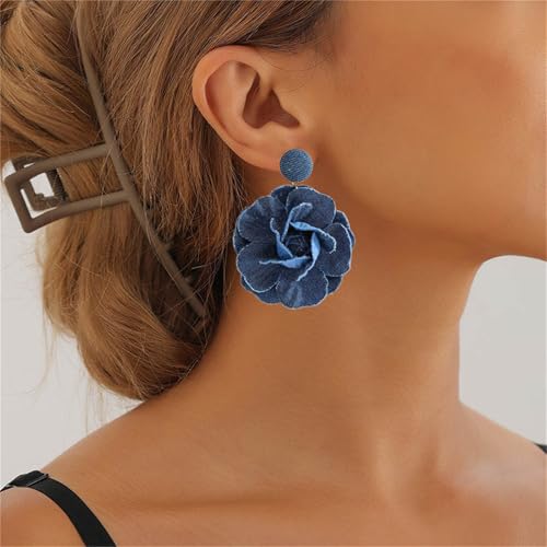 coadipress Boho Denim Camellia Flower Dangle Earrings for Women Exaggerated Big Layered Tiered Blossom Floral Drop Long Earring Chic Statement Earrings Wedding Bridal Jewelry Gifts - style: Flower Dark Blue