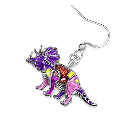 Enamel Alloy Dinosaur Fantasy Dragon Earrings Drop Dangle Unique Animal Jewelry For Women Dragons Gifts - color: Dinosaur Triceratops Violet