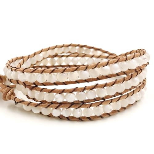 3 Wrap Genuine Leather Bracelet Gemstone Bead - color: Oyster White