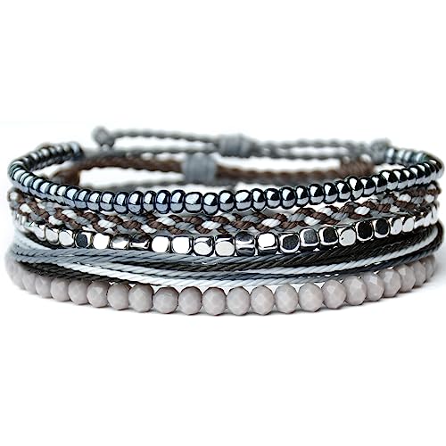 Mezcla Vida Handmade Waterproof Rope Bracelets Pack String & Beaded Bracelet Stack - Set of 5 Stackable Bracelets For Women, Summer Accessories & Bohemian Bracelets for Teen Girls - color: Mixed Grey