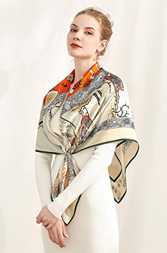 100% Silk Scarves, Extra-Large and XX-Large - color: Emperor's Phoenix, Ivory W Green Trim