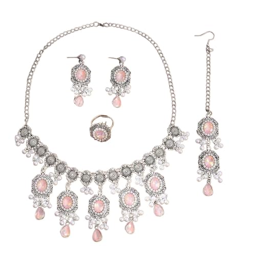 Luxury Waterdrop Rhinestone Pearls Tassel Charm Necklace Earrings Ring Maang Tikka Jewelry 4PCS Set Oxidized Antique Silver Flower Choker Ethnic Indian Retro Crystal Bollywood Bridal Wedding for Women - color: Pink
