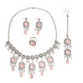 Luxury Waterdrop Rhinestone Pearls Tassel Charm Necklace Earrings Ring Maang Tikka Jewelry 4PCS Set Oxidized Antique Silver Flower Choker Ethnic Indian Retro Crystal Bollywood Bridal Wedding for Women - color: Pink