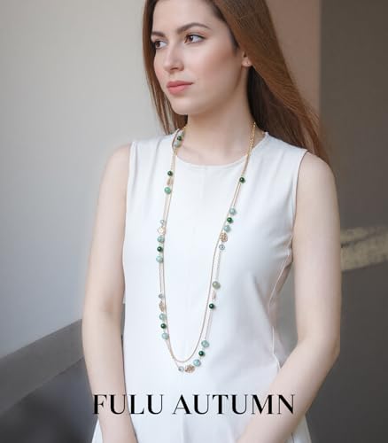 FULU AUTUMN Boho Gold Long Necklaces for Women Natural Stone Beaded Layered Long Necklace Mothers Day Gifts Dainty Flower Costume Jewelry for Women - color: Jade Green
