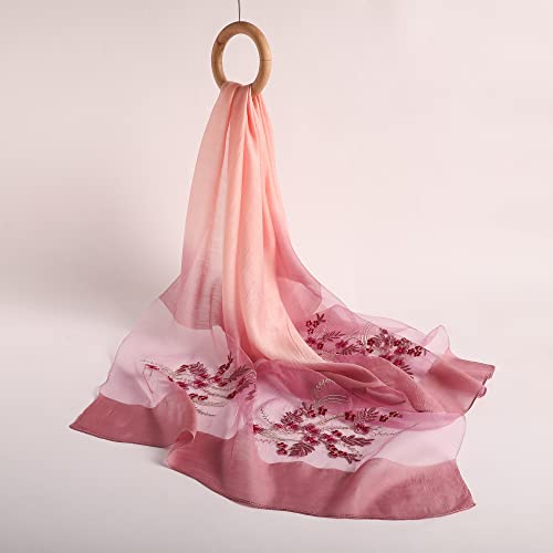 WINCESS YU Women Mulberry Silk Scarf Long & Large Embroidered Floral Pattern Shawl and Wraps Neckerchief for Hair & Neck - color: Gradient Pink