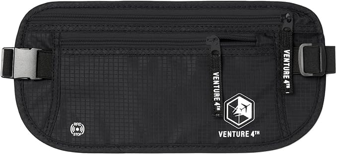 VENTURE 4TH Money Belt for Travel – Slim Hidden Under-Clothes RFID Blocking Anti-Theft Passport Holder & Travel Wallet Pouch for Men & Women to Protect Cash, Cards & Documents (Pure Black) - color: Pure Black