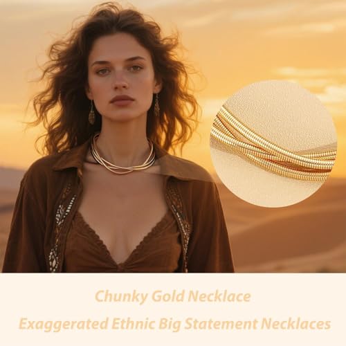 Chunky Chain Necklaces Women Statement Collar Necklace Gold Flat Snake Chain Choker Ribbed Design for Party, Dress Jewelry Gifts - color: A13