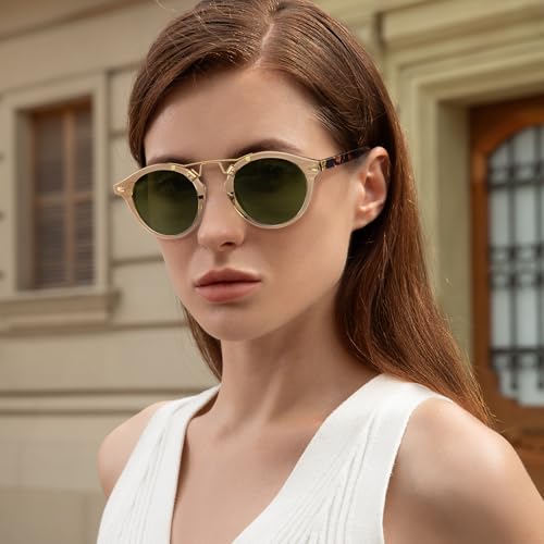 CARFIA Double Bridge Small Acetate Sunglasses for Women Polarized, Retro Metal Brow Ladies Sunnies Fashion Round Eyewears - color: 5. Translucent Yellow Frame Green Lens