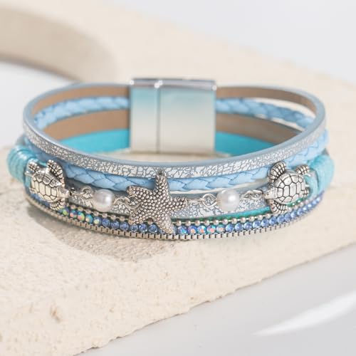 FANCY SHINY Turtle Starfish Leather Wrap Bracelet Boho Rhinestone Pearl Cuff Bracelets for Women Summer Beach Jewelry for Women - color: Blue