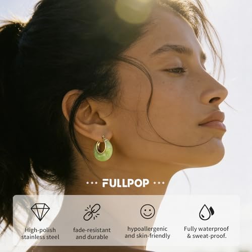 Fullpop Vintage Earrings for Women, Chunky 14K Gold Plated Resin Hoop Earrings Lightweight Hollow Drop Earrings Hypoallergenic Earrings for Women Vintage Anthropologie Jewelry Gifts for Women - size: Round-Light Green