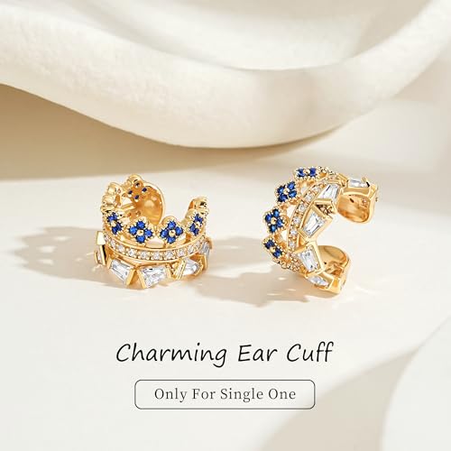 MEVECCO Ear Cuff Non Piercing for Women 18K Gold Plated Dainty Ear Cuff Earring Stacks Cartilage Clip On Wrap Huggie Minimalist Fake Piercings Open Hoops Jewelry Gifts - style: flower-blue