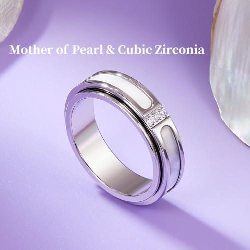 Fidget Spinner Ring for Women:18K Gold Plated Stainless Steel with Mother of Pearl Shell & Cubic Zirconia, Anxiety Relief Spinning Jewelry Gift for Birthday Wedding Engagement Anniversary - color: CZ Shell Spinner Ring_Silver, size: Size 6