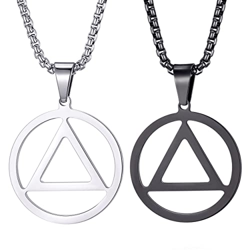 Sobriety Necklace for Men Stainless Steel AA Recovery Triangle Necklace Sobriety Gifts for Men - color: Black-Silver Couple Set