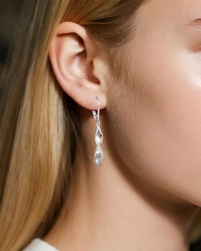 Silver Twisted Leverback Earrings for Women, Hypoallergenic Silver Spiral Drop Dangle Earrings for Women Statement Lightweight Leverback Dangling Jewelry Gifts