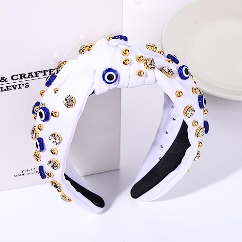 mokkia Knotted Headband for Women Evil Eye Headbands Beaded Rhinestone Crystal Knotted Headbands Sparkly Bejeweled Embellished Top Knot Headband Summer Fashion Hair Accessory (White)