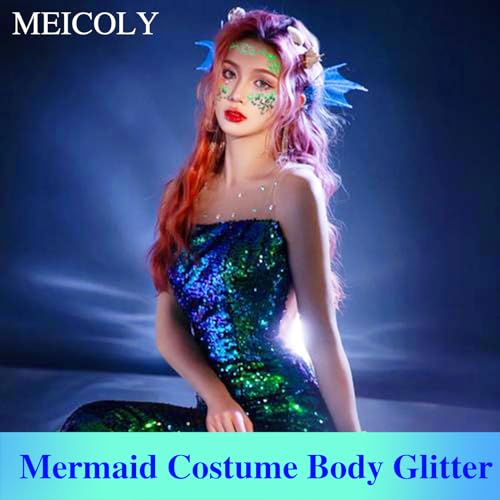 MEICOLY Chameleon Green Face Body Glitter,Holographic Self-Adhesive Face Glitter,Color Changing Mermaid Face Glitter,Halloween Glitter Face Paint for Face Body Hair,St Patricks Day Accessories - color: chameleon green body glitter