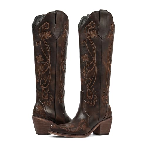 wetkiss Knee High Cowboy Boots for Women, Stable and Comfortable | Western Style,Cowgirl Boots,Versatile,Pull On,Various Occasions,Non-slip Sole,Bohemian Rural Style - color: Vintage Brown Floral, size: 7