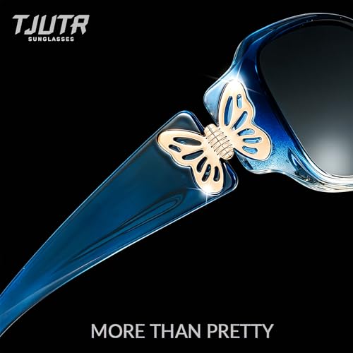 TJUTR Polarized Sunglasses for Women with Wrap Around Butterfly Design, Trendy Jackie-O Style for UV400 Protection - color: A4 Gradient Blue Frame Grey Lenses
