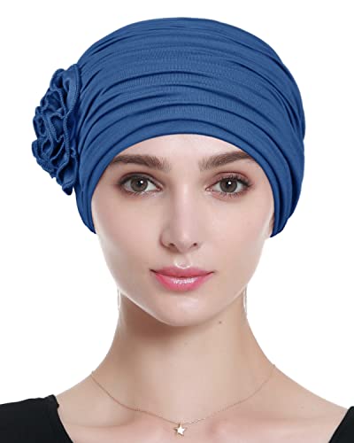 Alnorm Flower Design Chemo Hair Loss Caps Cancer Headwear for Women - color: Blue