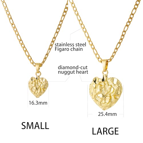 14K White Gold Plated Diamond-cut Heart Pendant Necklace for Women Nugget Heart Charm Figaro Chain Necklaces Minimalist Jewelry - color: gold-large