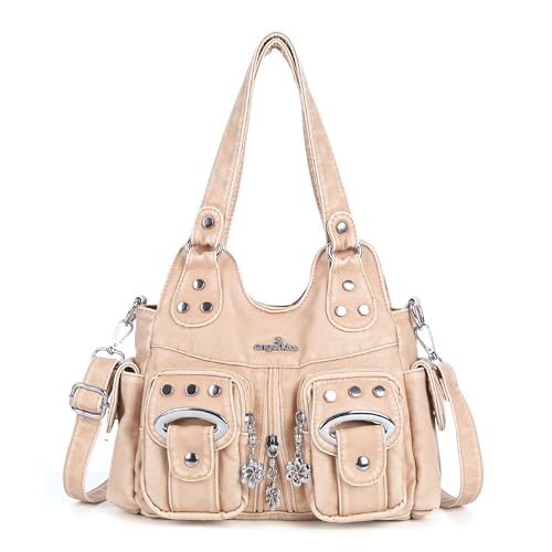 Angel Kiss Small Hobo Purses for Women, Washed Vegan Leather Multi-Pocket Purse, Shoulder Handbag with Adjustable Strap - color: Retro Apricot