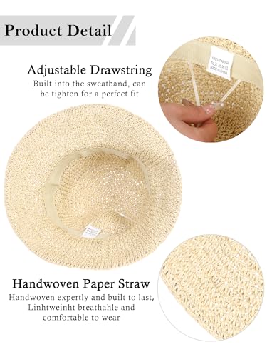 Womens Sun Hat Handmade Crochet Straw Bucket for Summer Foldable Travel Cap - color: Beige