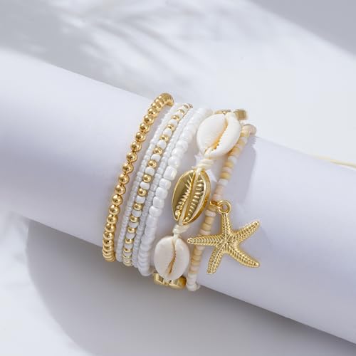 Shell Bracelet Seashell Boho Beaded Stretch Bracelets for Women Summer Beach Bracelets Starfish Charm Bracelet Stackable Gold Plated Bracelets Set for Women - color: d-white