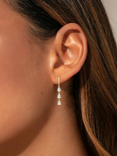Gold Earrings for Women Trendy, Simple Dainty 14K Gold Plated Paperclip Square Chain Link Dangle Hoops Earrings Pin Stud Huggie Earrings Lightweight Hypoallergenic Minimalist Aesthetic Gold Jewelry for Christmas Gifts - color: cz hoop dangle-gold