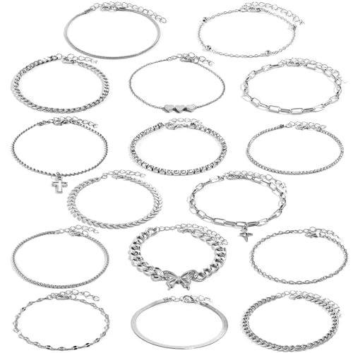 16 Pcs Gold/Silver Anklet Bracelets for Women Cuban chain Heart-shaped Beads Layered Adjustable Size Beach Daily Party - color: silver
